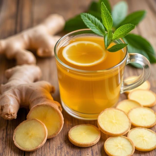 Fresh ginger root and ginger tea for natural immune system support.
