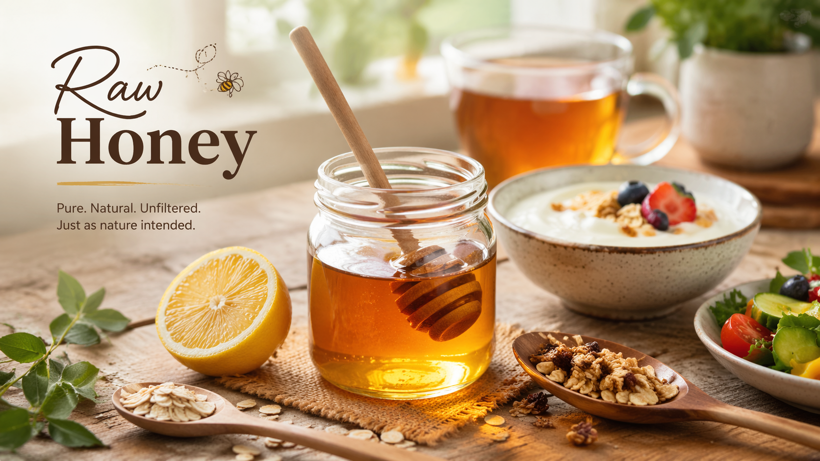 a small glass jar of raw honey with a wooden honey dipper standing out, placed on a rustic wooden table with a lemon slice, a bowl of yogurt, some oats, and granola around it, showing natural uses like tea, yogurt, oatmeal, and salad dressings. Soft natural window light, warm food‑photography style, 16:9 aspect ratio