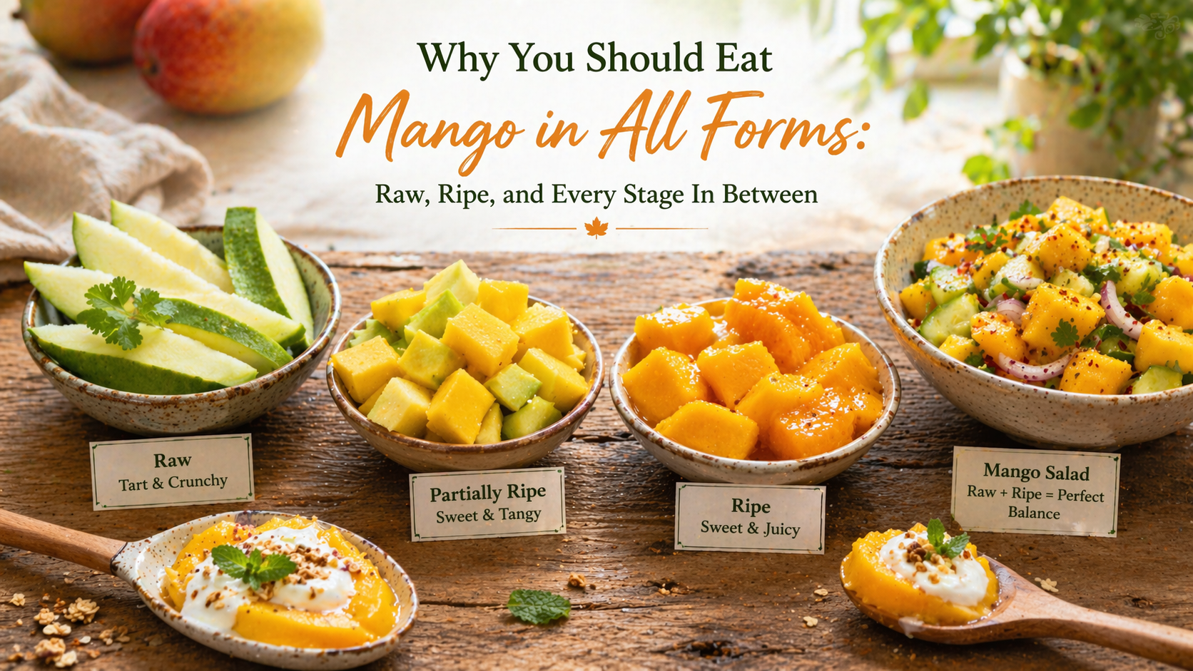 A bright, rustic food scene showing mango in different stages of ripeness—green raw mango slices, partially ripe cubes, and juicy ripe mango pieces—arranged in small bowls on a wooden table. A colorful mango salad with cucumber and herbs sits alongside, with mango served on spoons with yogurt and granola, all lit by soft natural light for a warm, inviting look.