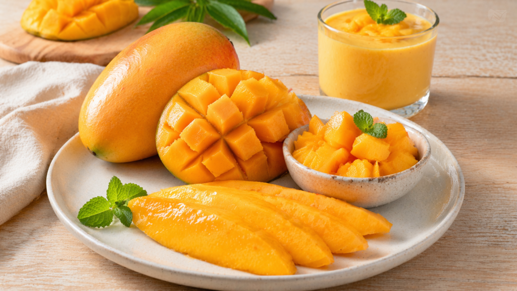 A ripe golden-orange mango, partially cut in a hedgehog style, sits on a white ceramic plate with neatly sliced mango pieces in front. A small bowl of fresh mango cubes and a glass of mango smoothie are placed nearby on a light wooden table, illuminated by soft natural light, creating a warm and appetizing scene.