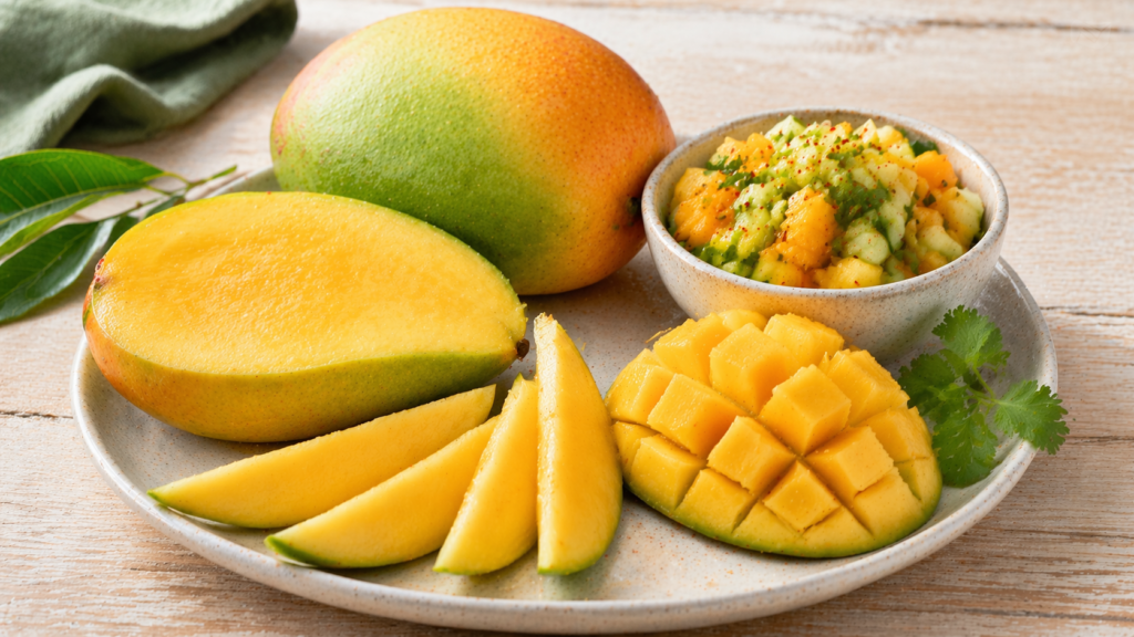 A partially ripe mango with green and yellow-orange skin sits on a white ceramic plate, sliced open to reveal firm yet juicy flesh. Mango slices and cubes are arranged around it, alongside a small bowl of mango and cucumber salad garnished with herbs, all placed on a light wooden table under soft natural light.