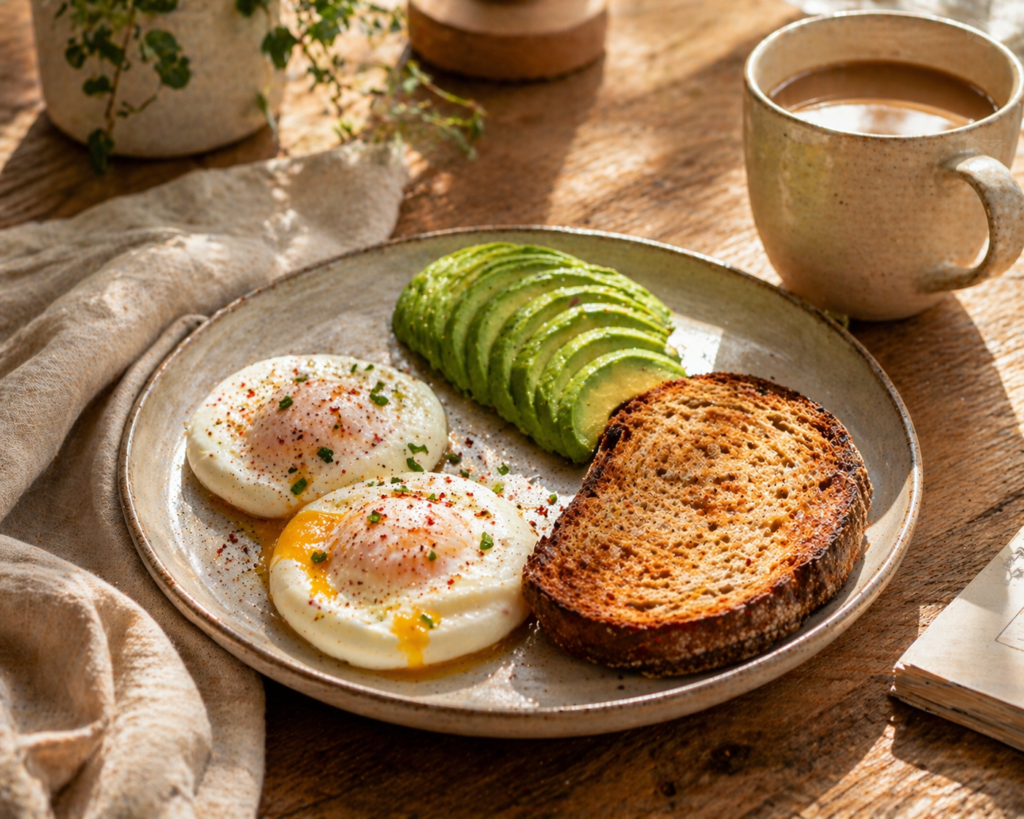 A warm breakfast scene with two soft poached eggs, sliced avocado, and a piece of toasted whole-grain bread on a ceramic plate. The setup sits on a rustic wooden table in soft morning sunlight, with a linen napkin and a cup of coffee nearby, creating a cozy and calm atmosphere.