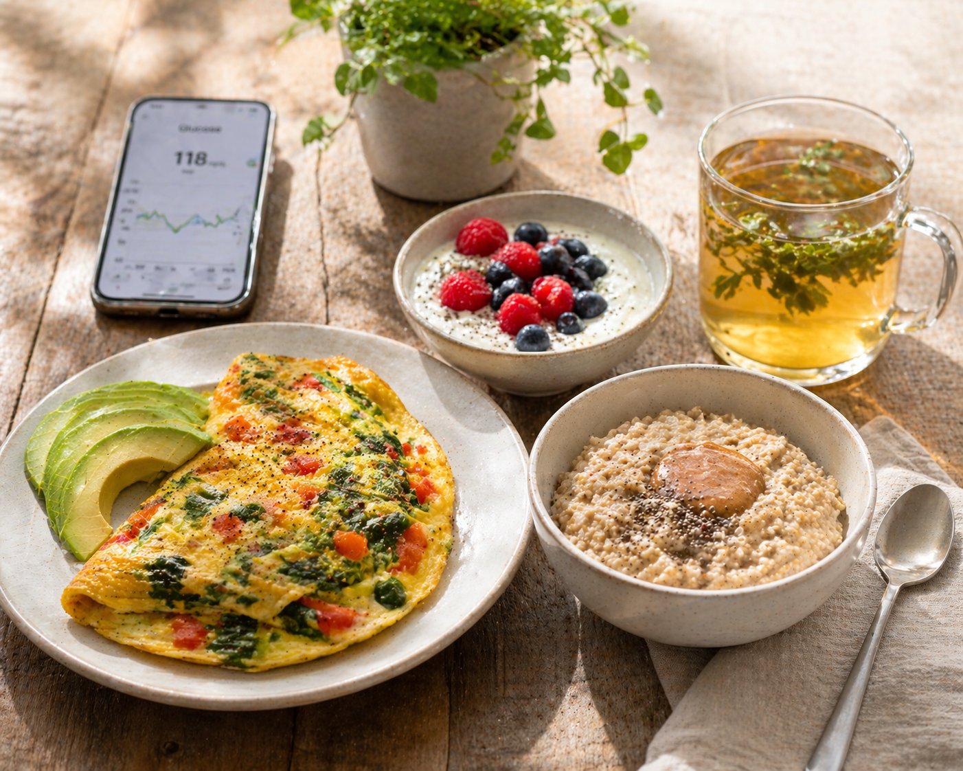 A healthy breakfast spread on a rustic wooden table in soft morning light, featuring a veggie omelet with avocado slices, a bowl of Greek yogurt topped with fresh berries and chia seeds, and a bowl of steel-cut oats with almond butter. A glass of herbal tea sits nearby, while a slightly blurred smartphone in the background displays a glucose monitoring graph, creating a calm and balanced lifestyle scene.